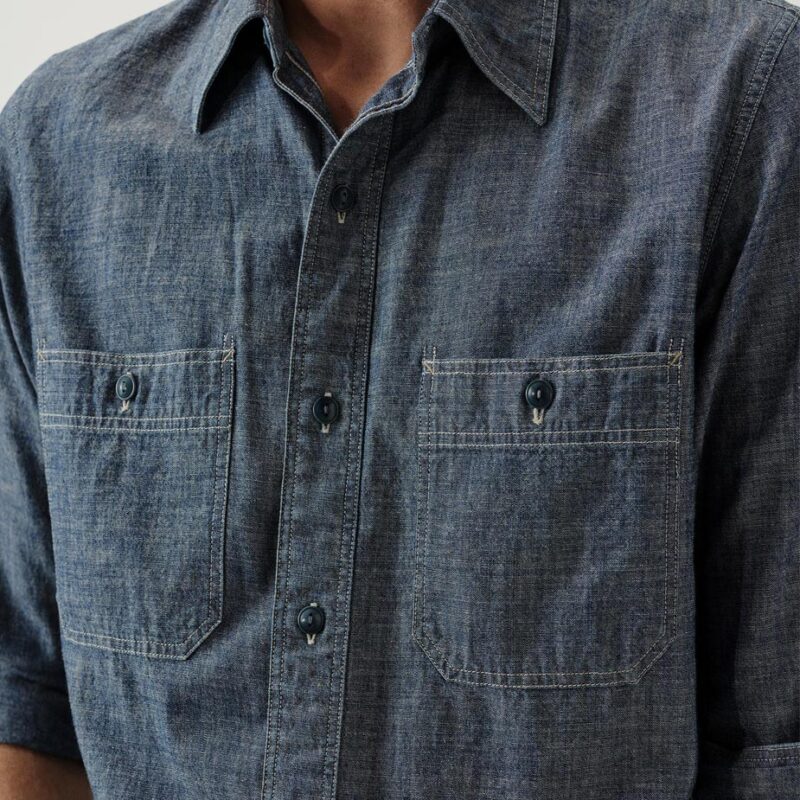 Close-up detail of Buck Mason's Japanese Chambray Work Shirt