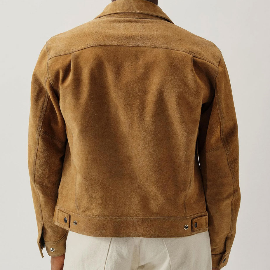 Back view of Buck Mason's Rambler Suede Trucker Jacket