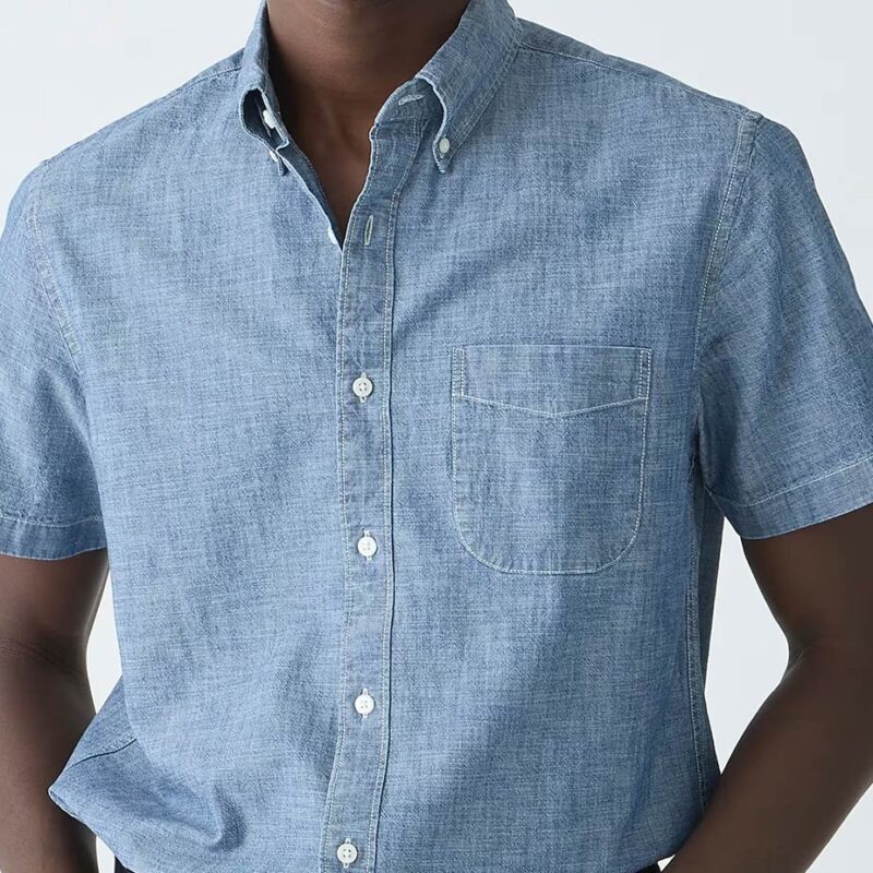 Male model wearing J.Crew Short Sleeve Chambray Shirt