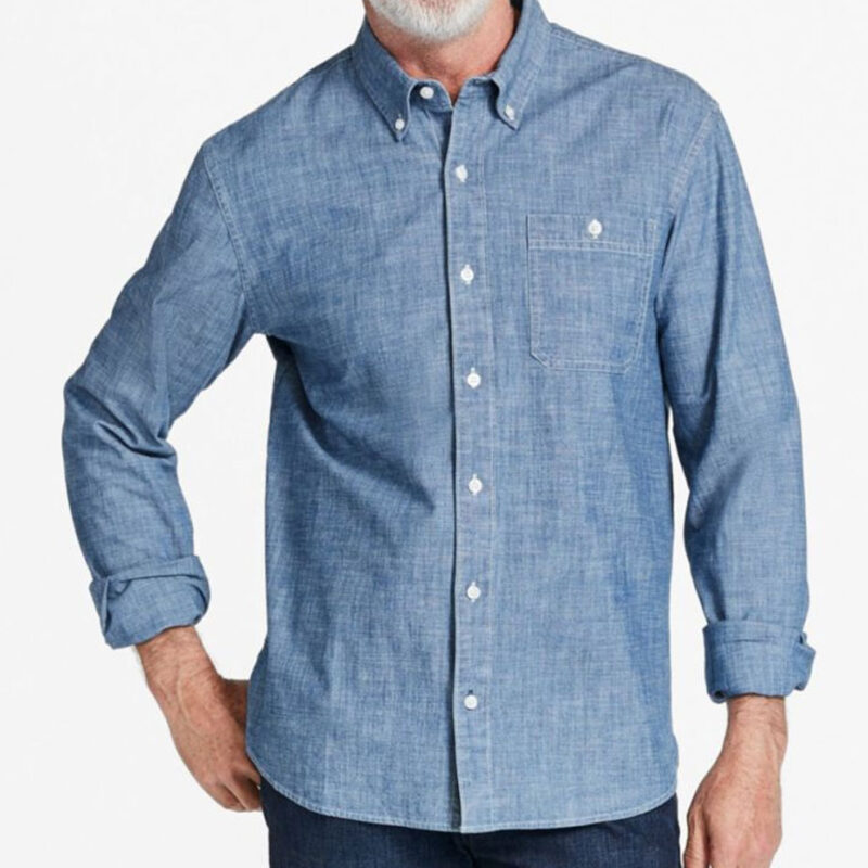 Male model wearing L.L.Bean chambray shirt