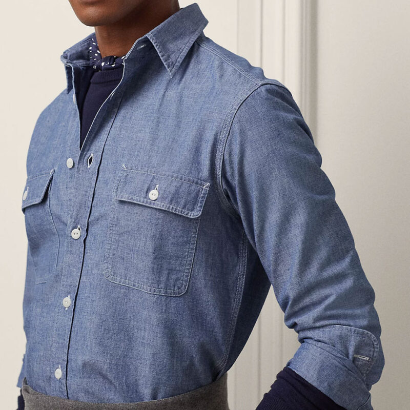 Male model wearing chambray shirt by Ralph Lauren