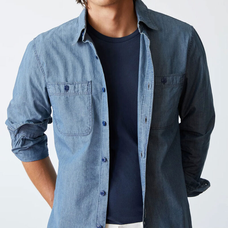 Male model wearing Todd Snyder Chambray shirt.