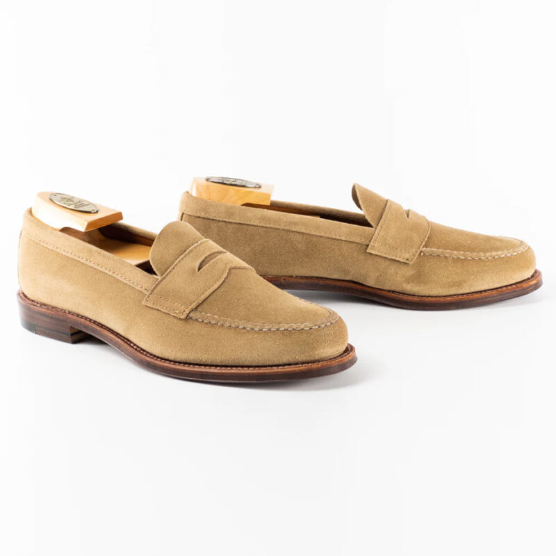 Three quarter front and side view of a pair of Alden 6244F Unlined Leisure Handsewn Penny Loafers