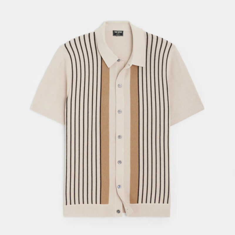 Front product shot of Todd Snyder's Vertical Stripe Full-Placket Shirt in Bisque