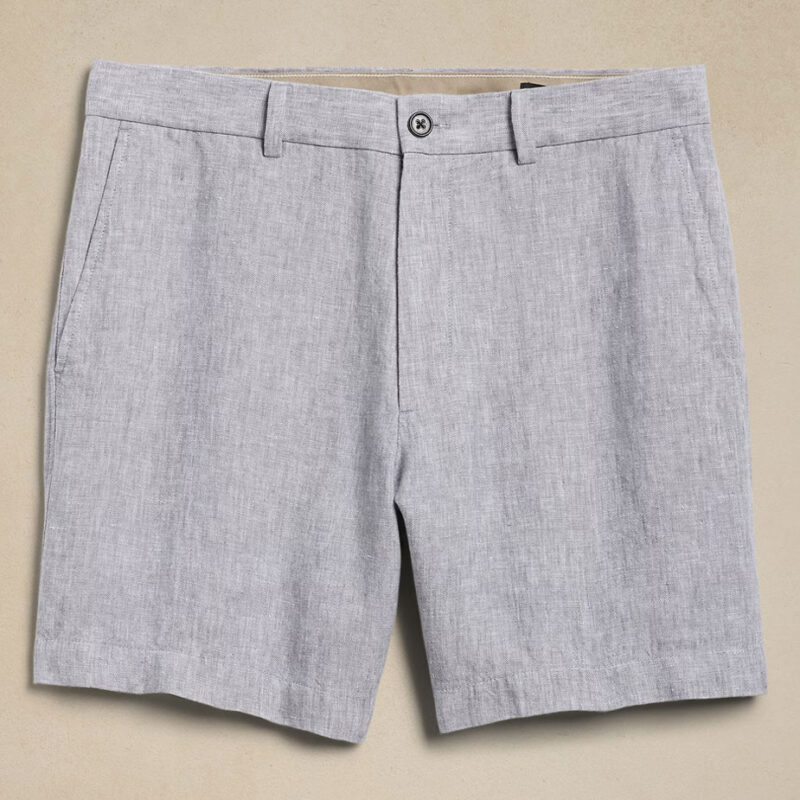 Front view of grey linen shorts from Banana Republic.