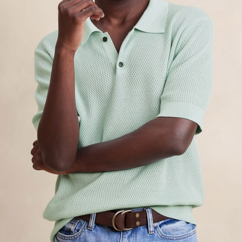 Front view of Banana Republic's cotton sweater polo in mint green.