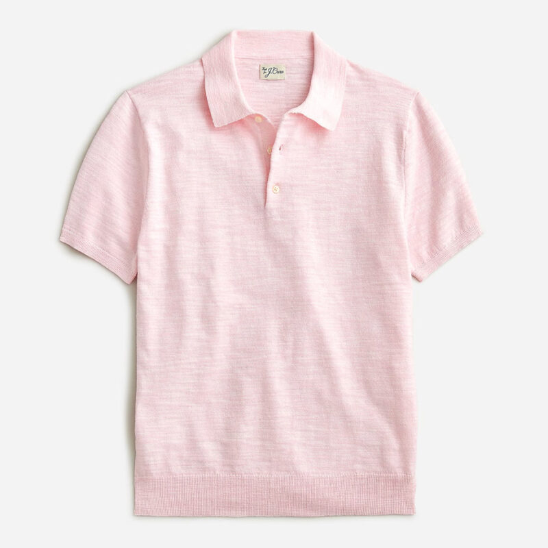 Front view of J.Crew's cotton sweater polo in a light pink color.