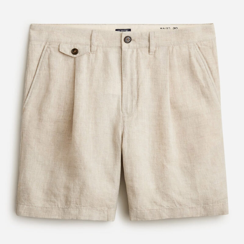Front view of J.Crew's linen pleated shorts in ivory sand color.