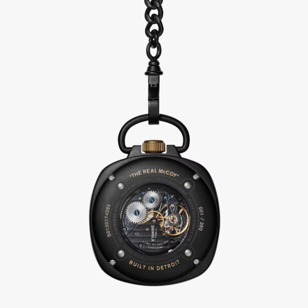 Back exhibition case of Shinola's Elijah McCoy Pocket Watch