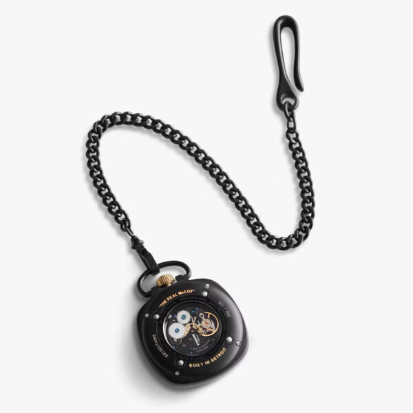 Full view, including chain, of Shinola's Elijah McCoy Pocket Watch