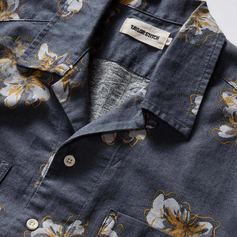 Close-up view of The Conrad Shirt in Dark Blue Floral print