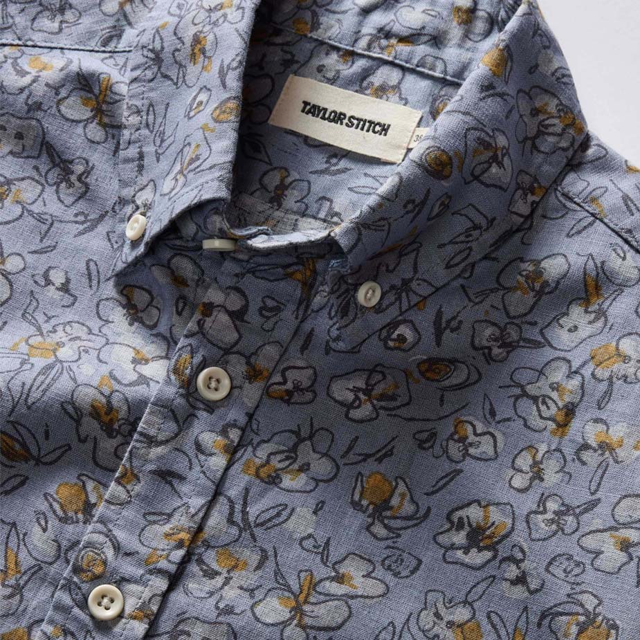 Close-up view of The Short Sleeve Jack in Light Blue Floral print