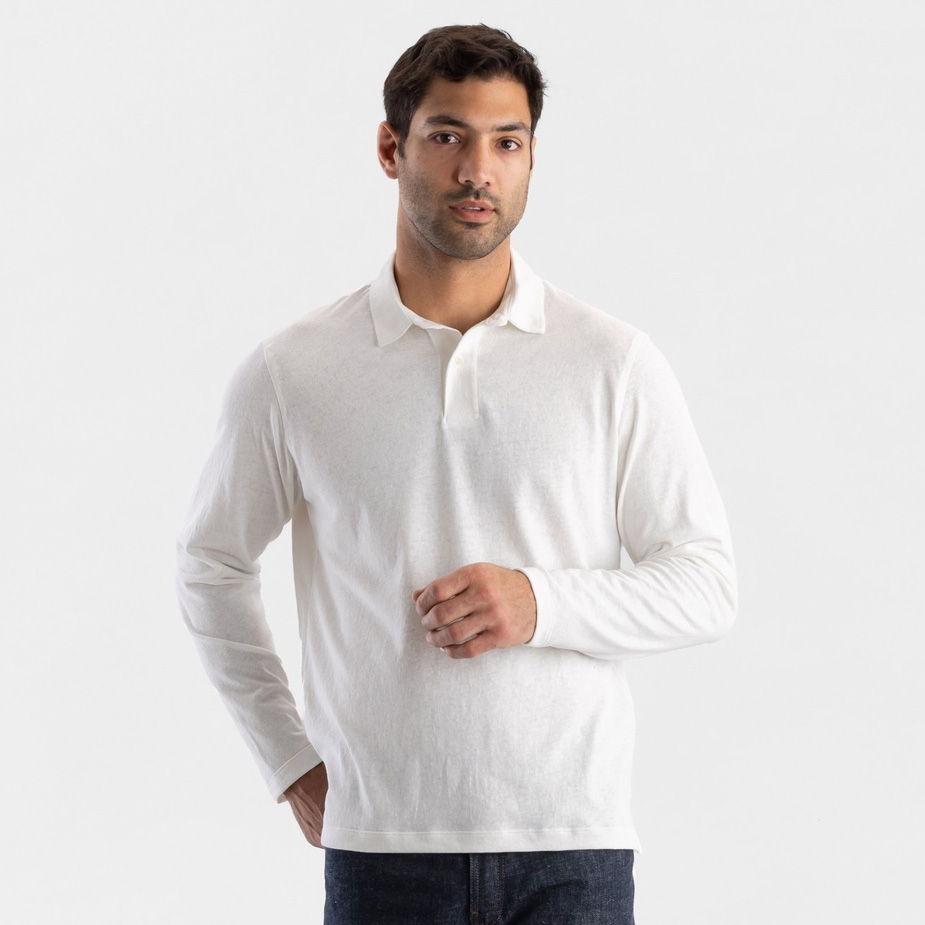 Male model wearing Todd Shelton's long-sleeve 190-g slub polo.