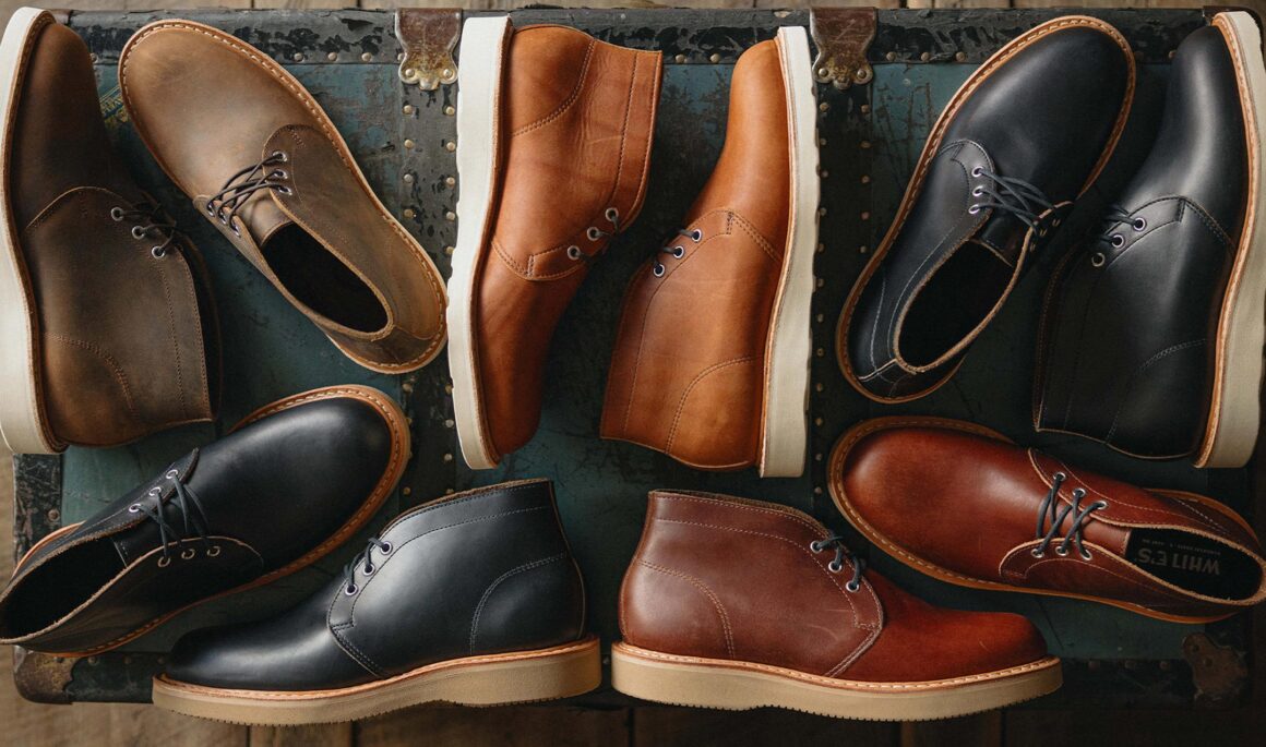 Overhead shot of White's new line of chukka boots in various colors.