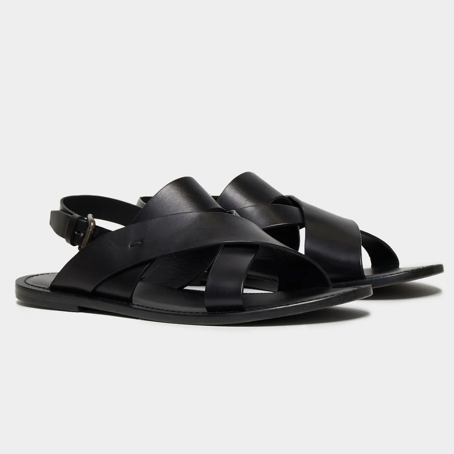 Three-quarter view of the Todd Snyder Tuscan Leather Crossover Backstrap Sandal