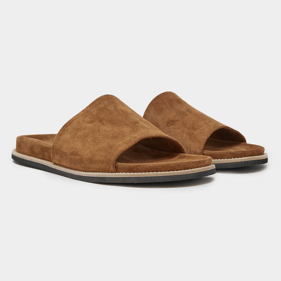 Three-quarter view of the Todd Snyder Nomad Suede Slide